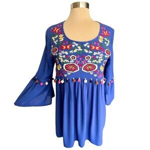 JODIFL Boho Tunic Floral Embroidery Pompom Trim Women M Bell Sleeves Cobalt Blue